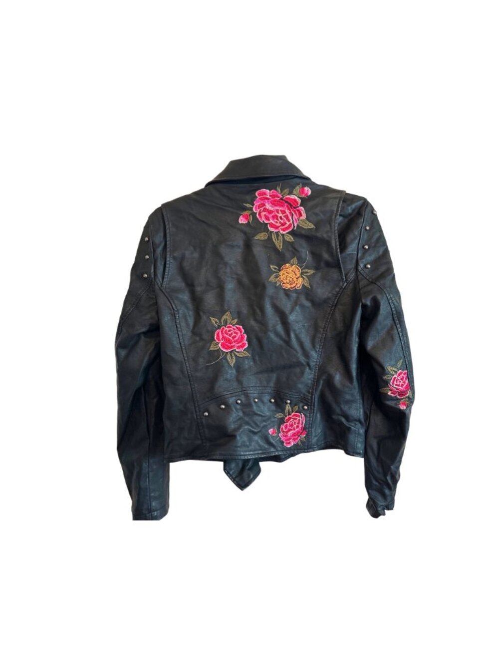 Hippie Laundry Large Black Faux Leather Moto Jacket Floral Embroidered Boho Edgy - Picture 3 of 15